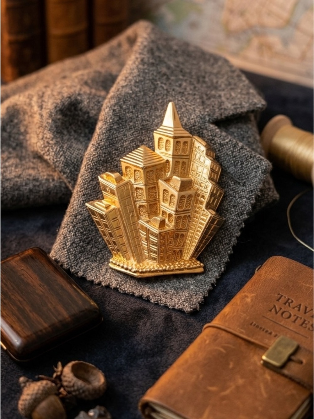 Vintage Gold Tone Cityscape Skyscraper Brooch Architectural Statement Brooch